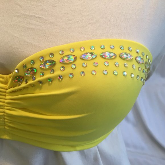 Victorias Secret Bikini Top Padded Push Up Underwire 34D Yellow Jewel Rhinestone - Picture 6 of 13